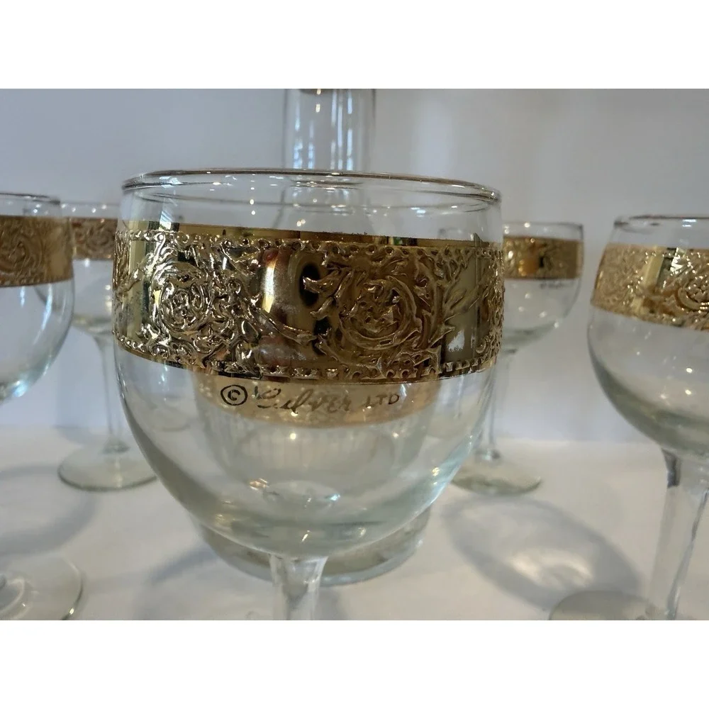 Vintage Culvers Ltd Tyrol 22K Gold Decanter & 5 Wine Glasses Made in USA 1960s